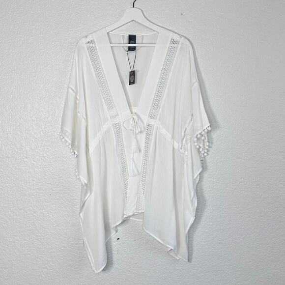 Vince Camuto Lace Inset Cinched Waist Topper Cardigan in Bright White - Picture 3 of 9